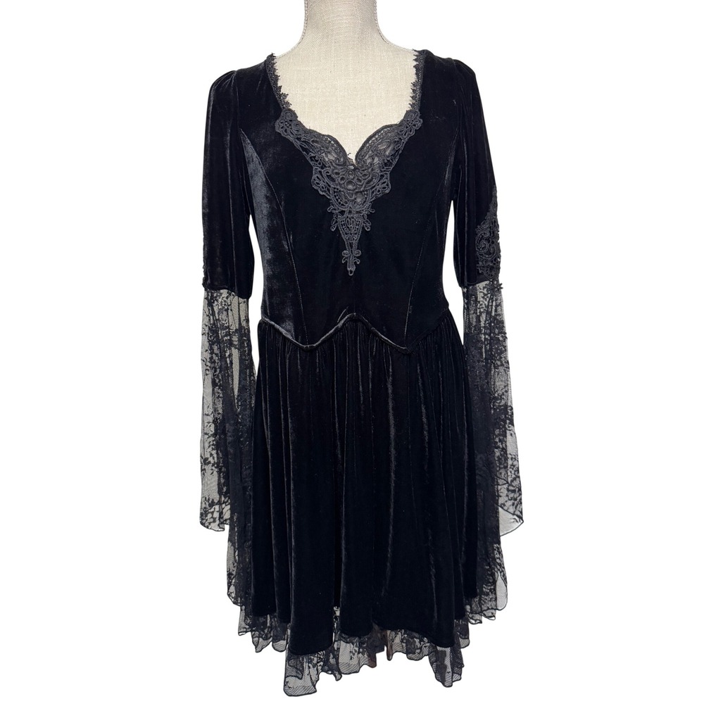 Killstar Black Velvet Witchy Dress Lace Sleeves Large